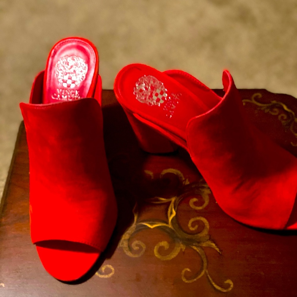 Red chunky heel mules